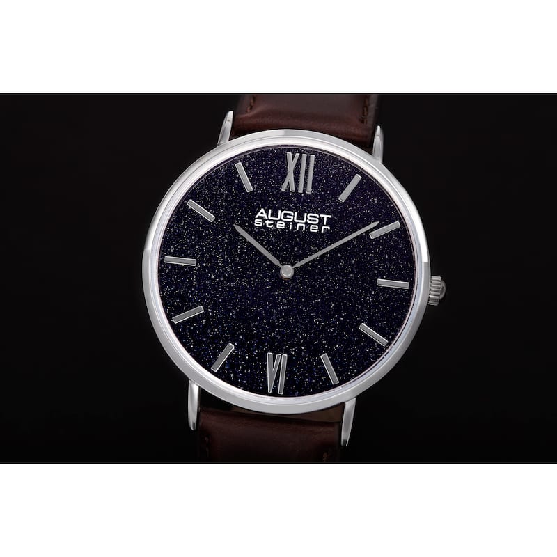 August Steiner Men's Quartz Easy-to-Read Silver-Tone Leather Strap Watch