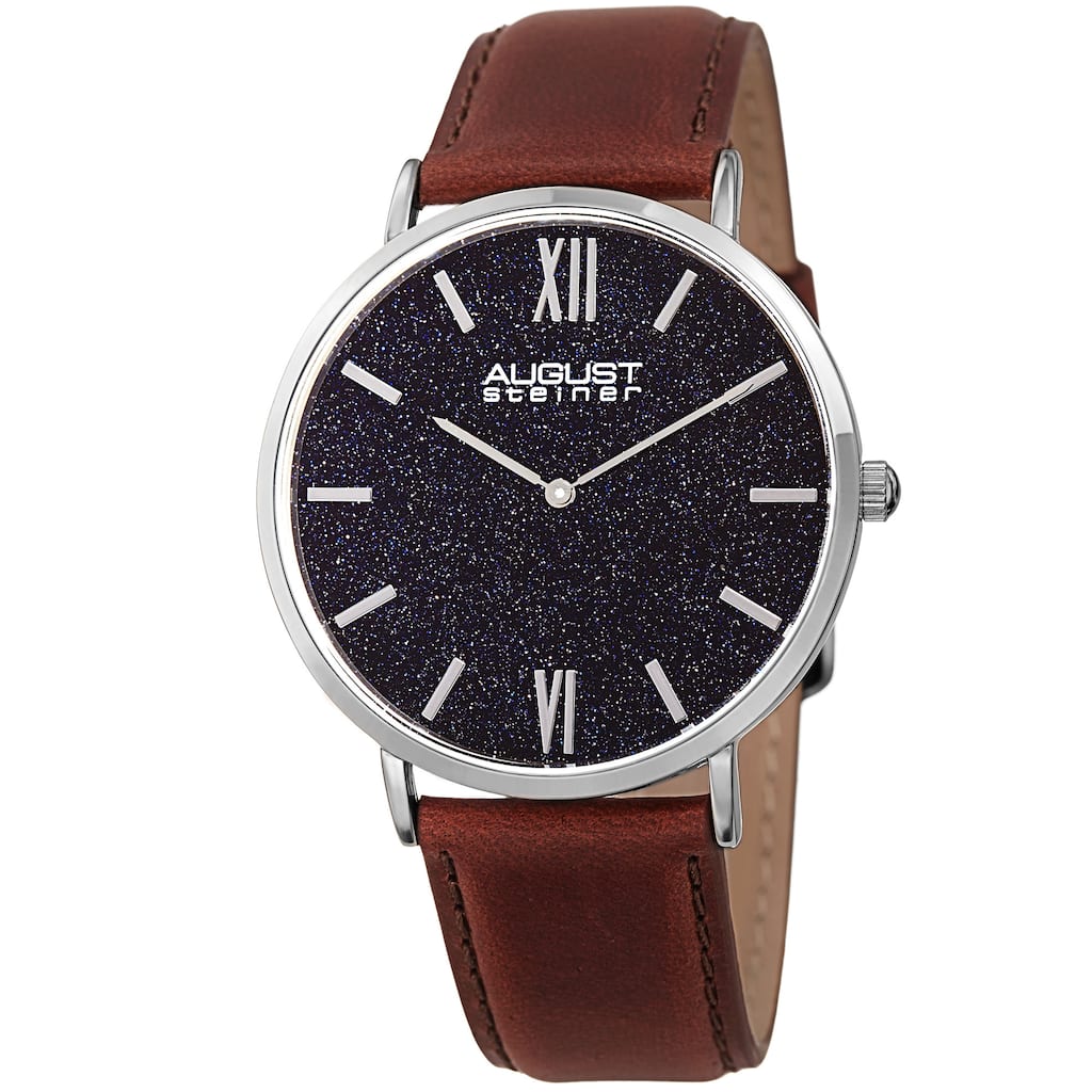 August Steiner Men's Quartz Easy-to-Read Silver-Tone Leather Strap Watch