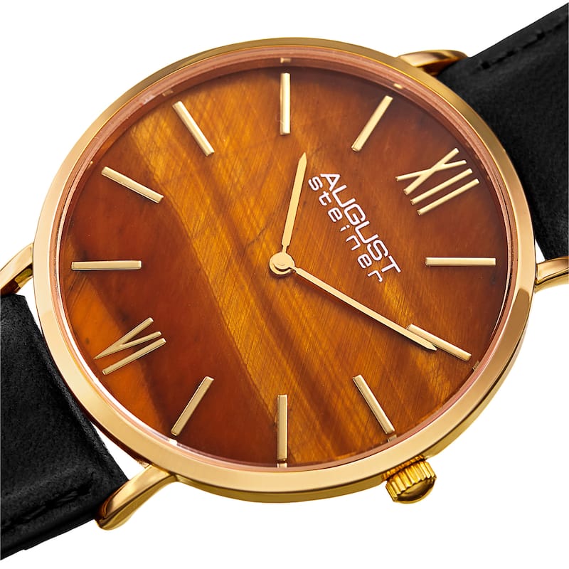 August Steiner Men's Quartz Easy-to-Read Gold-Tone Leather Strap Watch