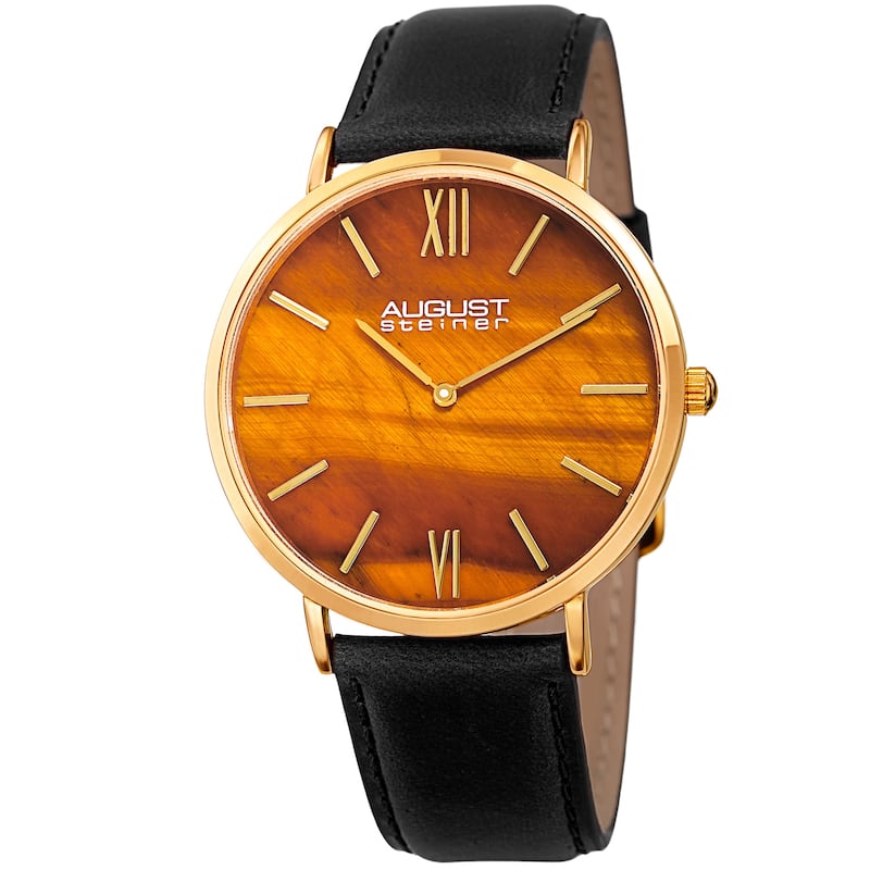 August Steiner Men's Quartz Easy-to-Read Gold-Tone Leather Strap Watch