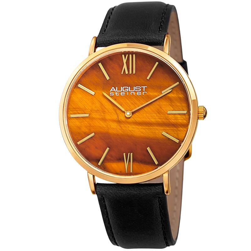 August Steiner Men's Quartz Easy-to-Read Gold-Tone Leather Strap Watch