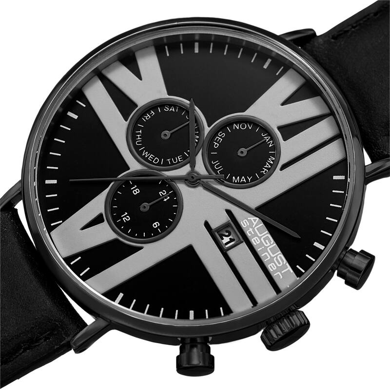 August Steiner Men's Swiss Quartz Multifunction Leather Black Strap Watch