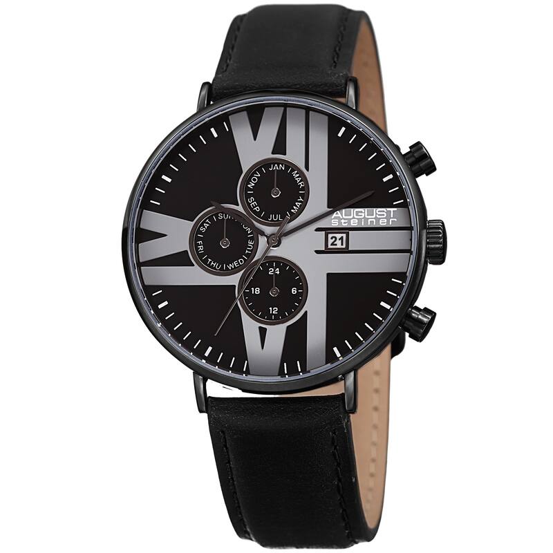 August Steiner Men's Swiss Quartz Multifunction Leather Black Strap Watch