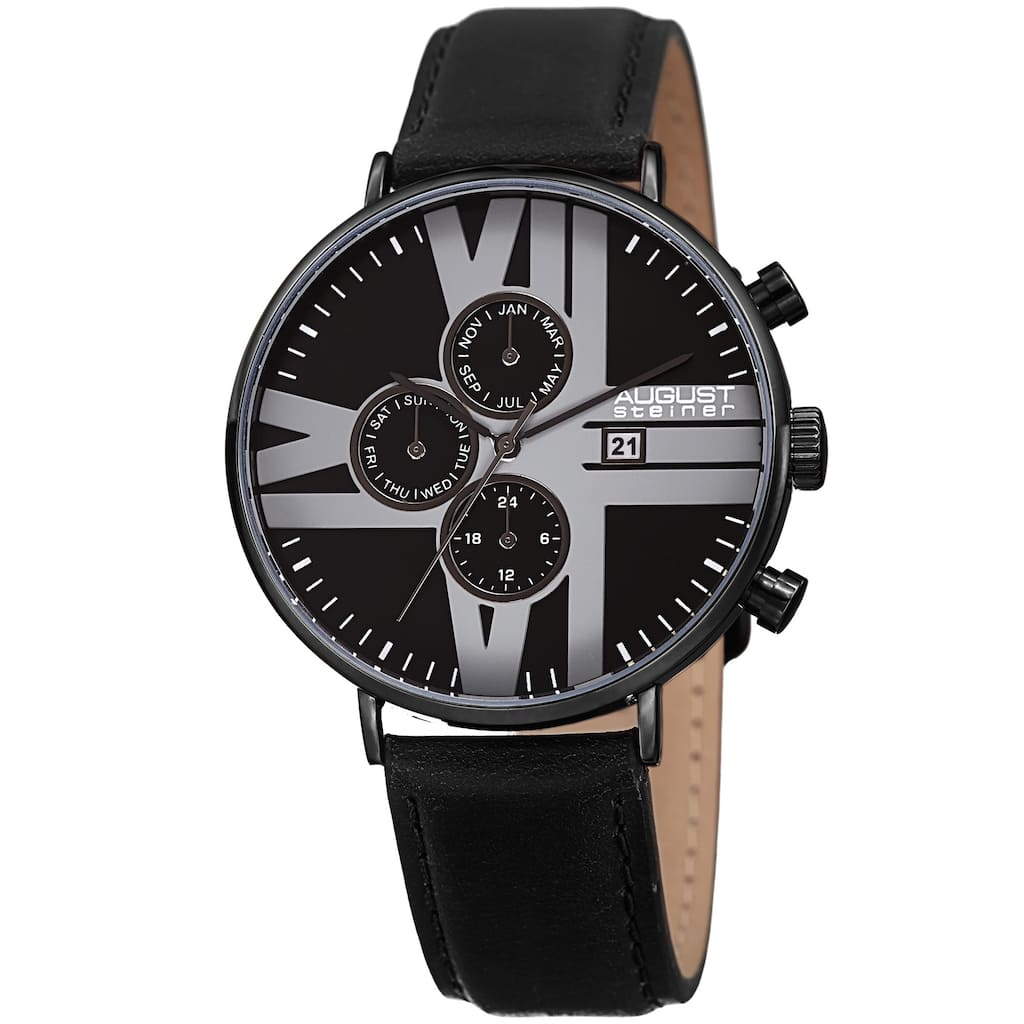 August Steiner Men's Swiss Quartz Multifunction Leather Black Strap Watch