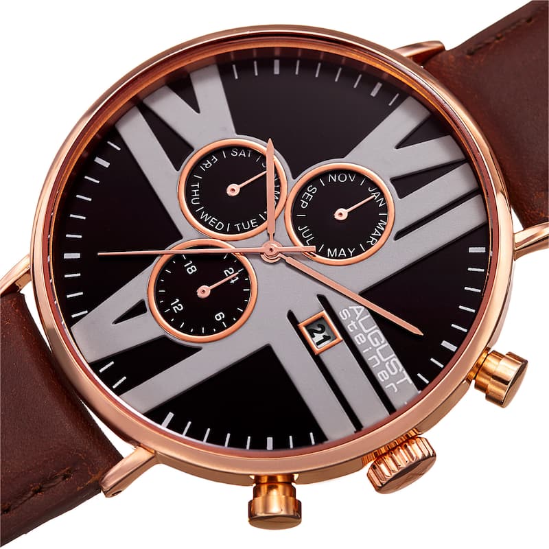 August Steiner Men's Swiss Quartz Multifunction Leather Rose-Tone Strap Watch