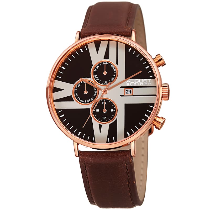 August Steiner Men's Swiss Quartz Multifunction Leather Rose-Tone Strap Watch