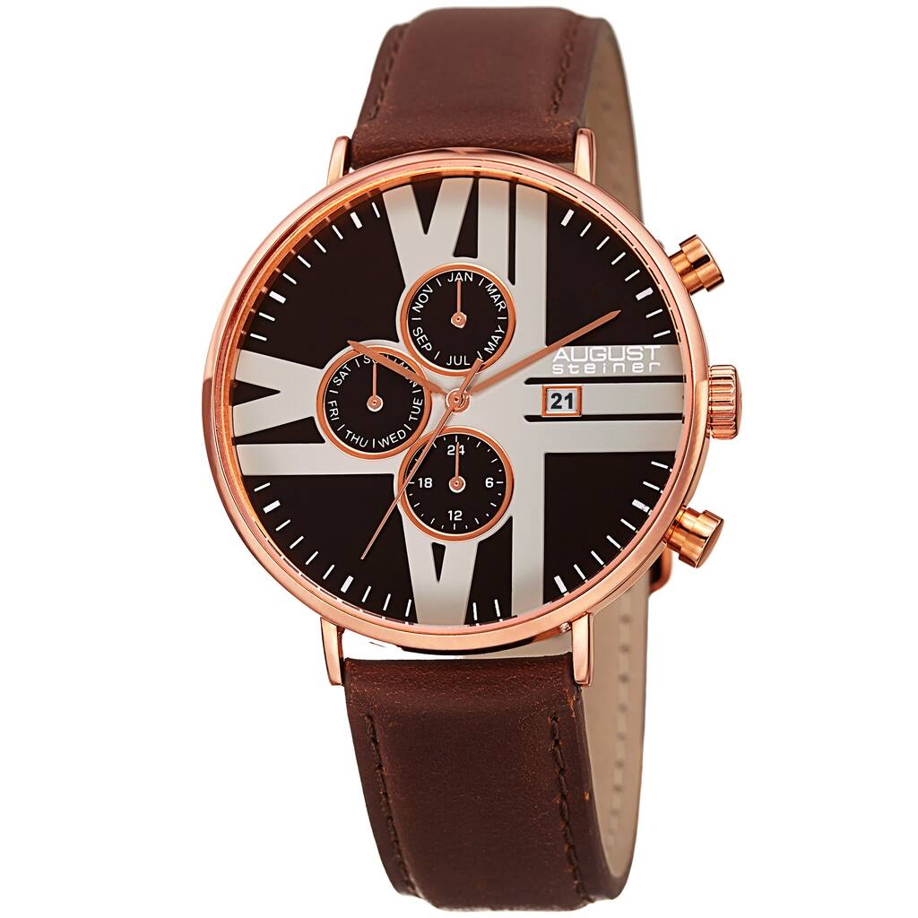 August Steiner Men's Swiss Quartz Multifunction Leather Rose-Tone Strap Watch