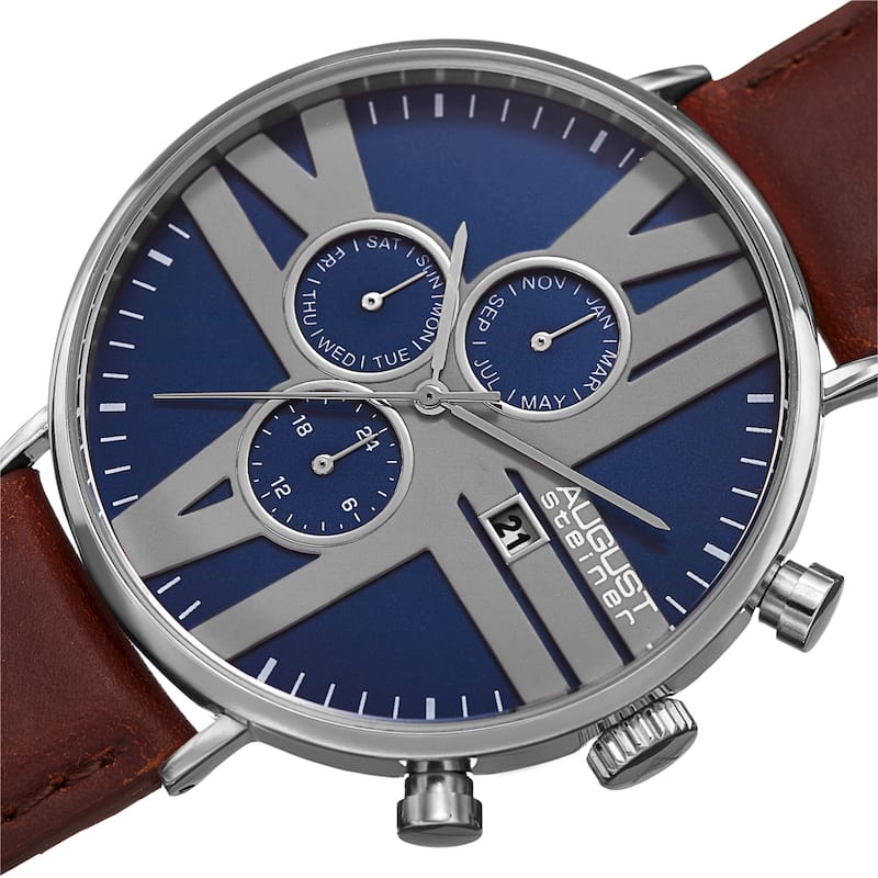 August Steiner Men's Swiss Quartz Multifunction Leather Silver-Tone Strap Watch