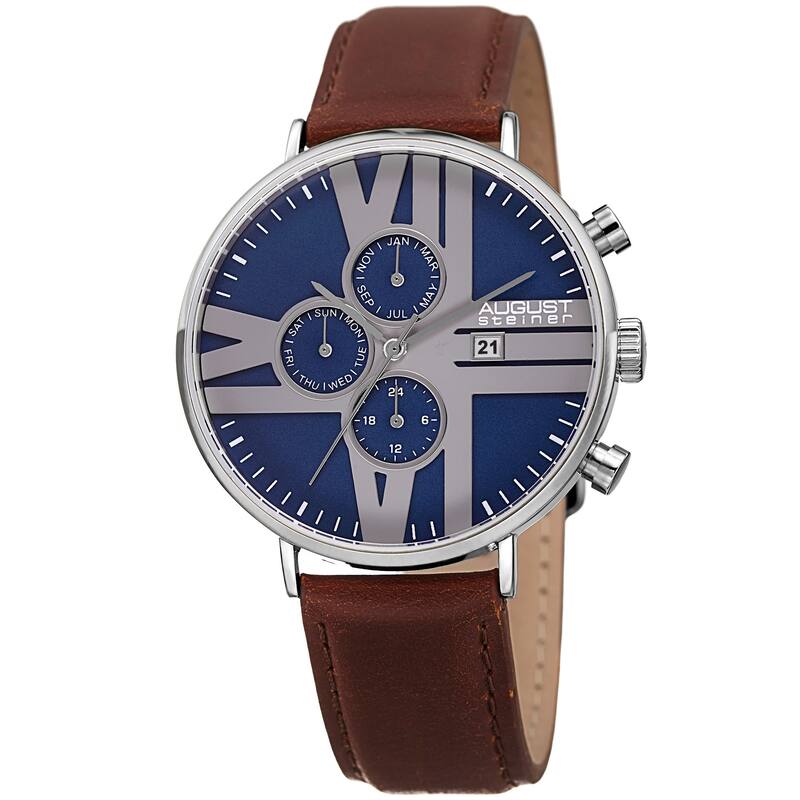 August Steiner Men's Swiss Quartz Multifunction Leather Silver-Tone Strap Watch
