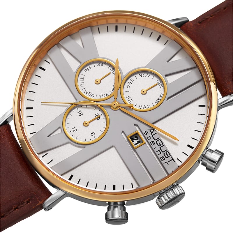 August Steiner Men's Swiss Quartz Multifunction Leather Gold-Tone Strap Watch