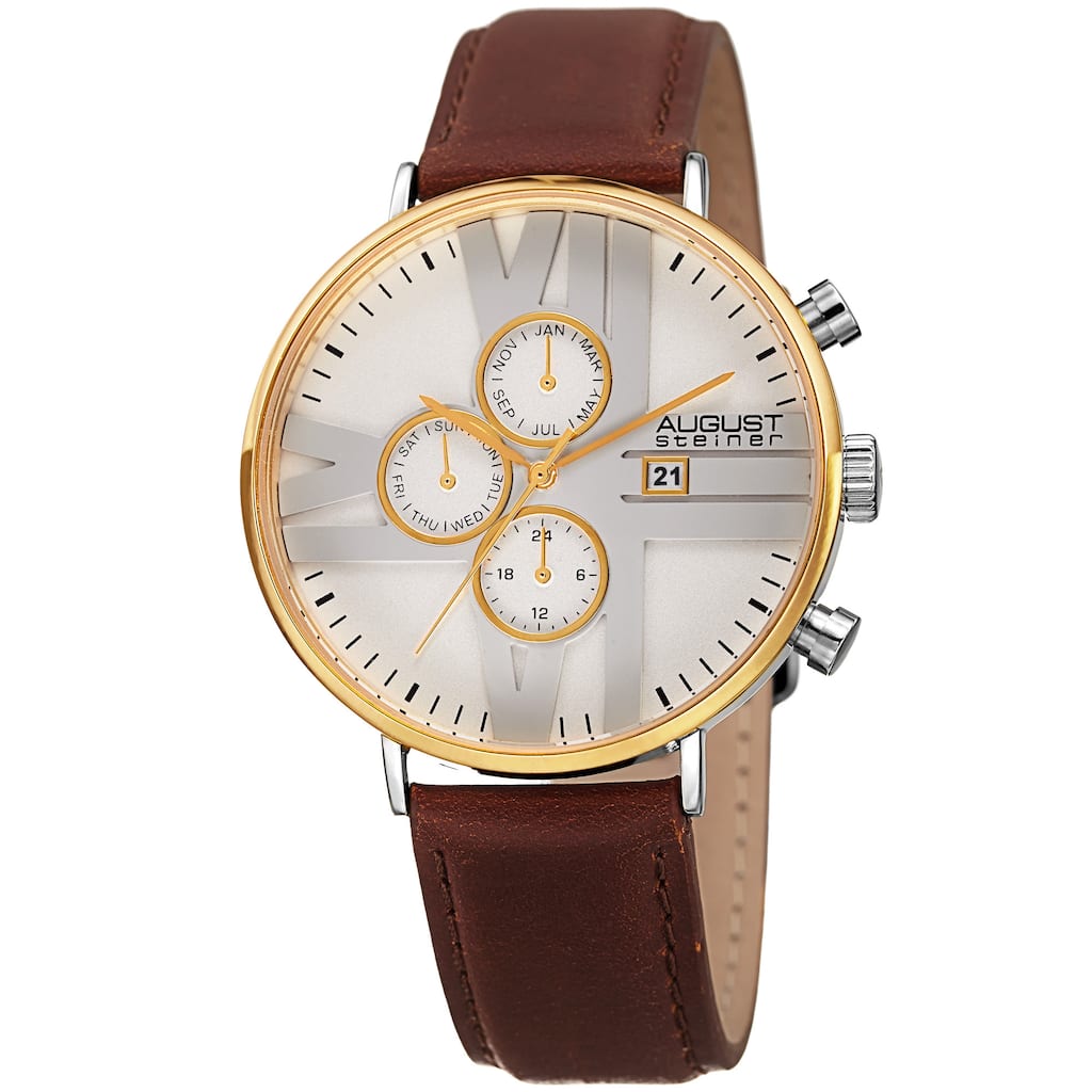 August Steiner Men's Swiss Quartz Multifunction Leather Gold-Tone Strap Watch