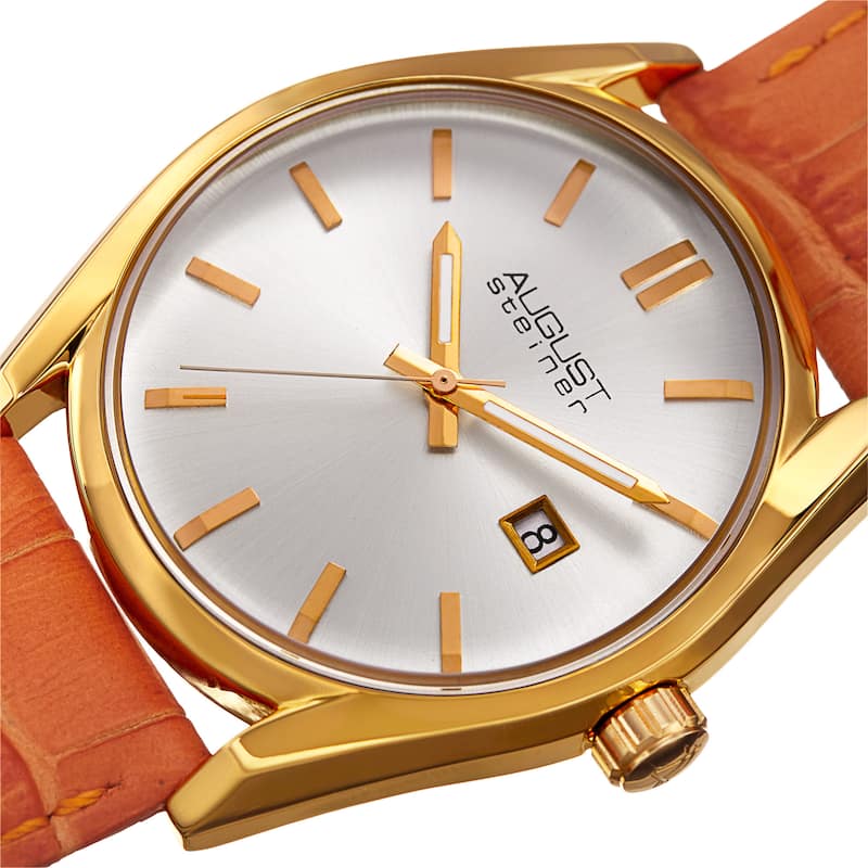 August Steiner Women's Quartz Easy-to-Read Orange Leather Strap Watch