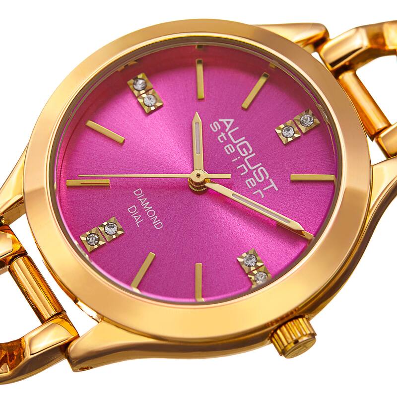 August Steiner Women's Quartz Diamond Gold-Tone Pink Bracelet Watch