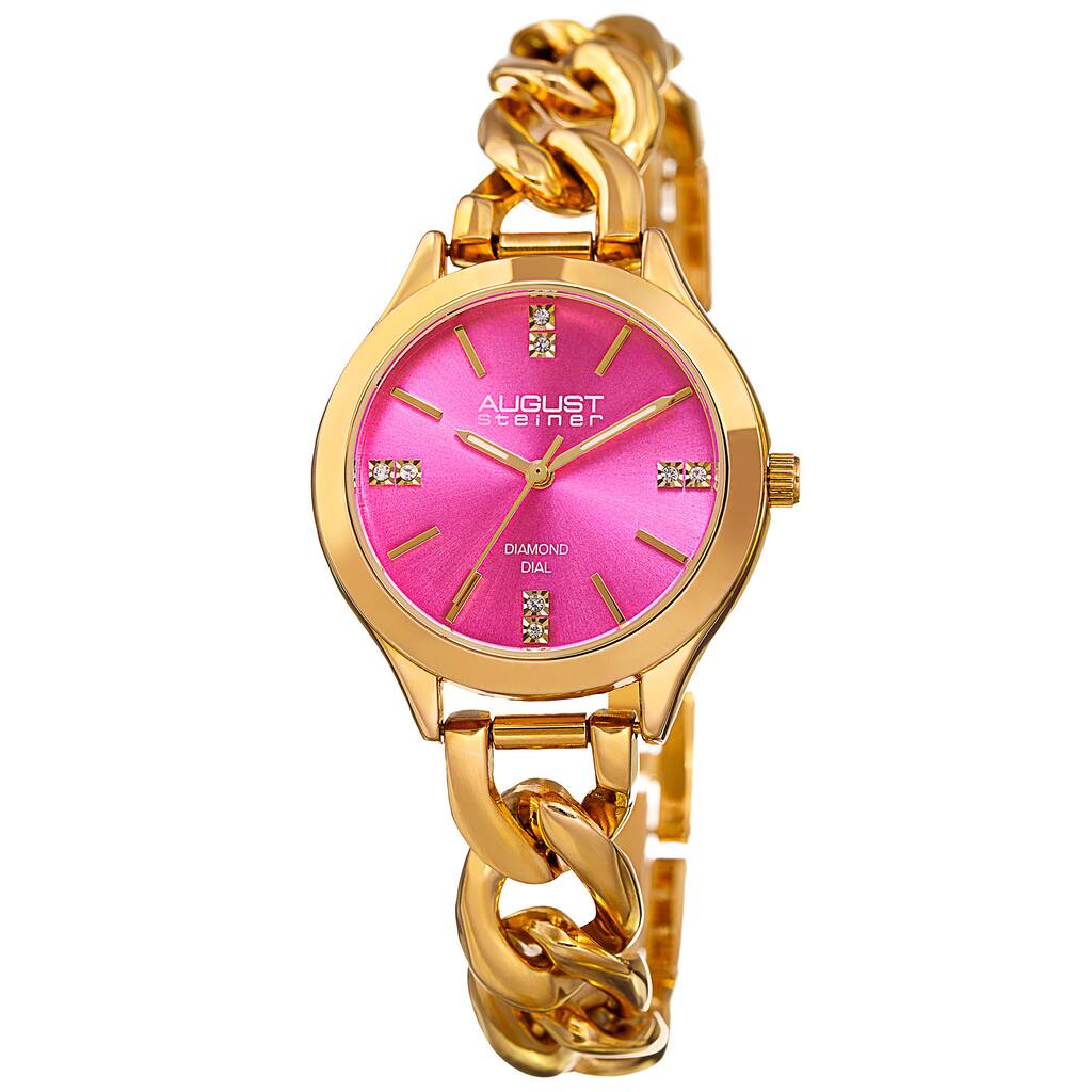 August Steiner Women's Quartz Diamond Gold-Tone Pink Bracelet Watch