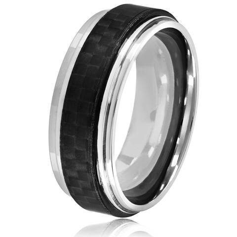 Men's High Polish Stainless Steel Carbon Fiber Ridged Ring - 8mm Wide