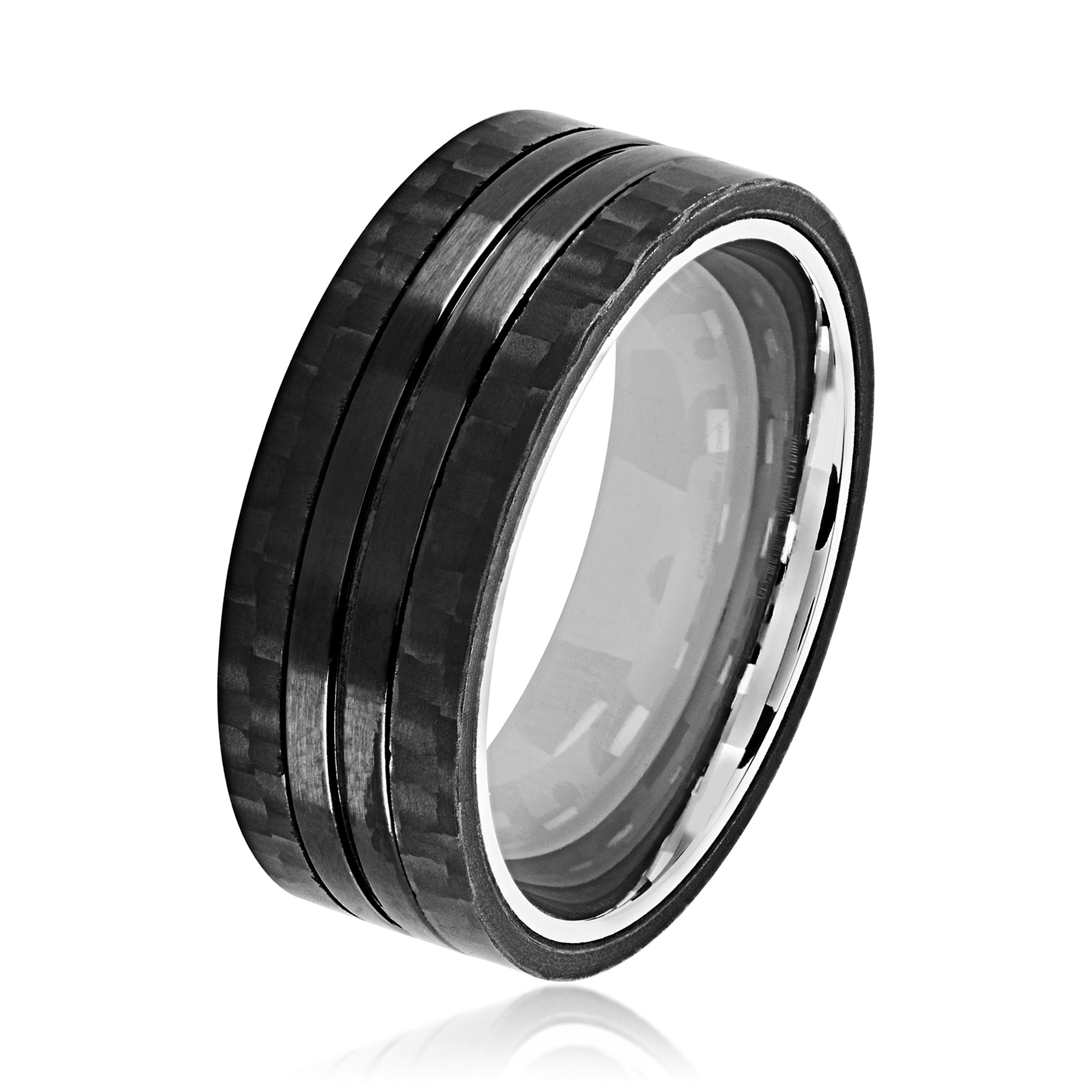 size 8 in Gift Box Black Plated UnisexTitanium Ring Band with Grooved Accents