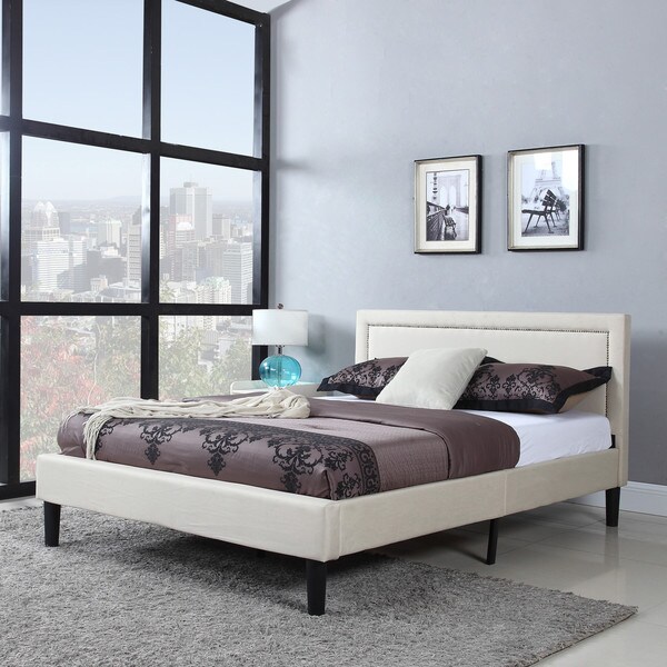 Deluxe Nailhead Trimmed Ivory Linen Fabric Platform Bed with Wooden Slats