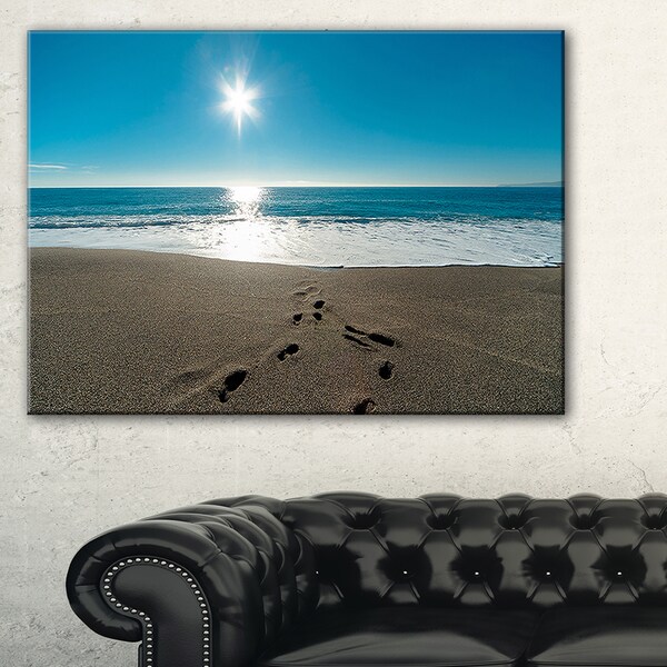 Blue Sea and Footprints in Sand - Large Seascape Art Canvas Print ...