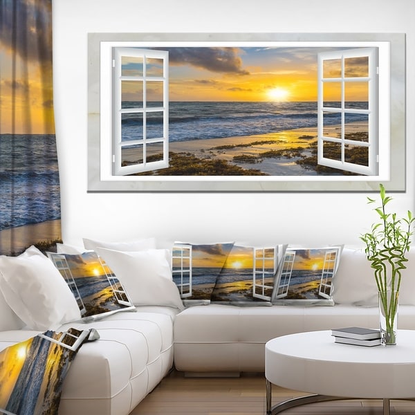 'Open Window to Bright Yellow Sunset' Gallery-wrapped Modern Seascape Canvas Artwork