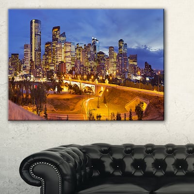 Skyline of Calgary at Night Panorama - Modern Cityscape Canvas Wall Art - Multi-color