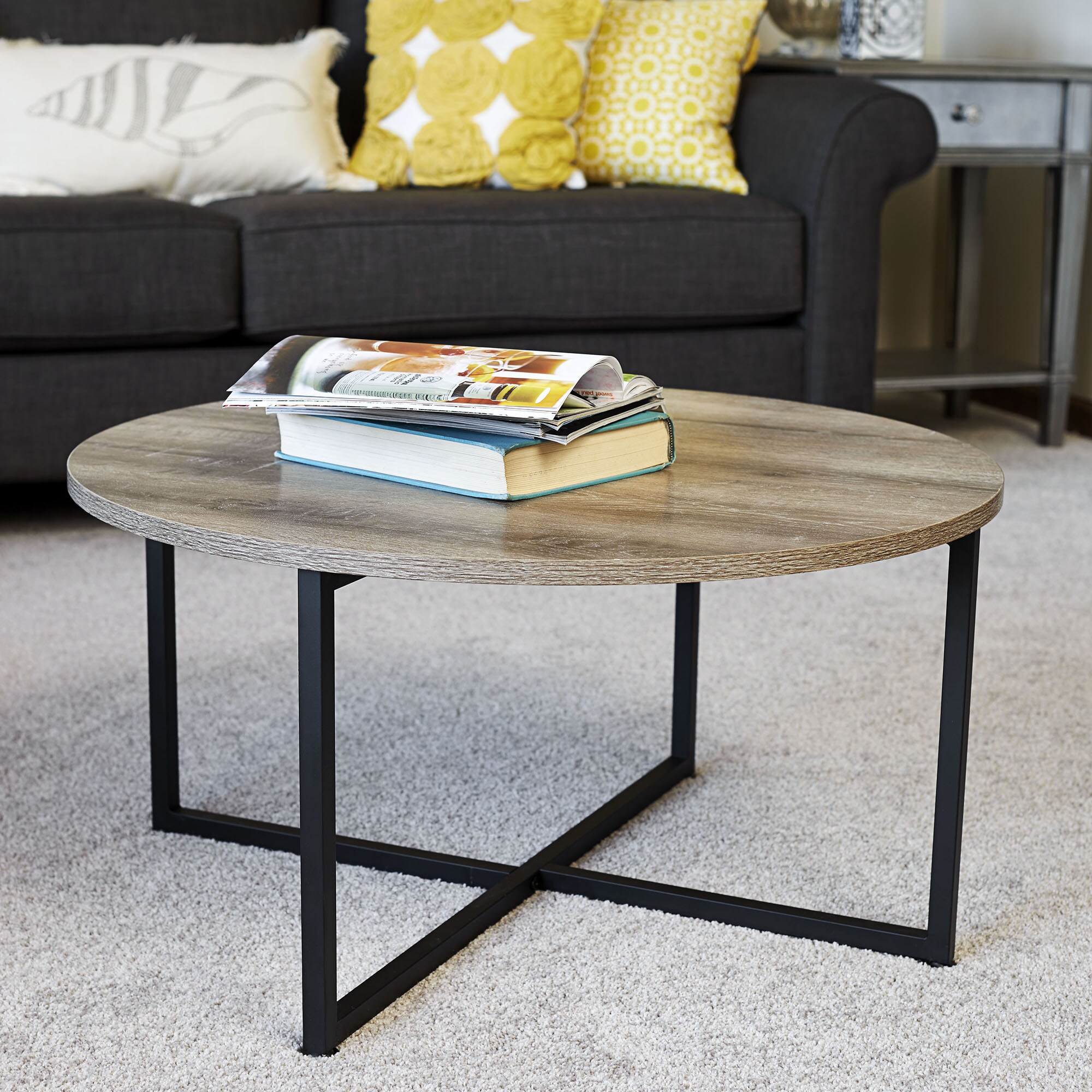 household essentials distressed ash grey finished laminate round coffee table with black metal frame - Distressed Round Coffee Tables household essentials distressed ash grey finished laminate round coffee table with black metal frame - Distressed Round Coffee Tables