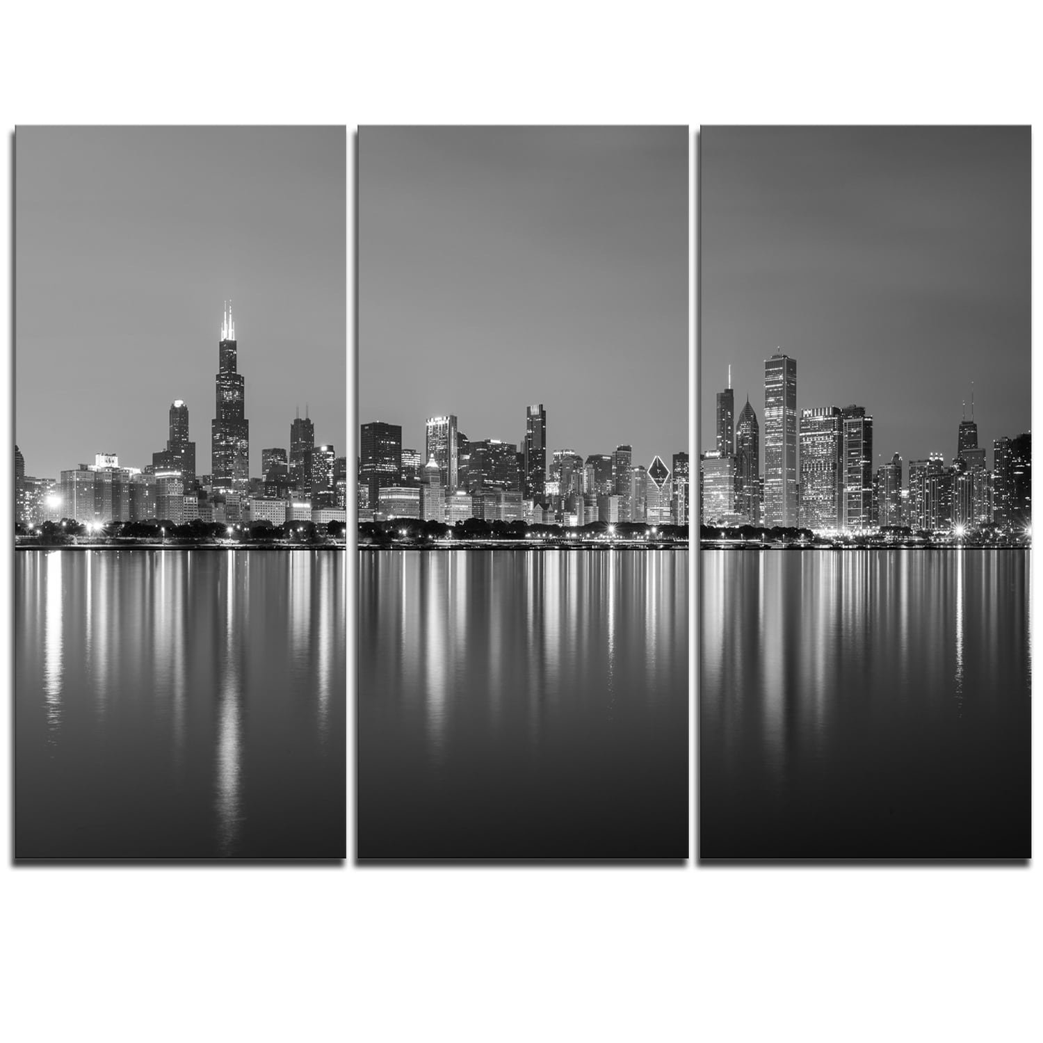 Chicago Skyline At Night Black And White Cityscape Canvas Print Blue