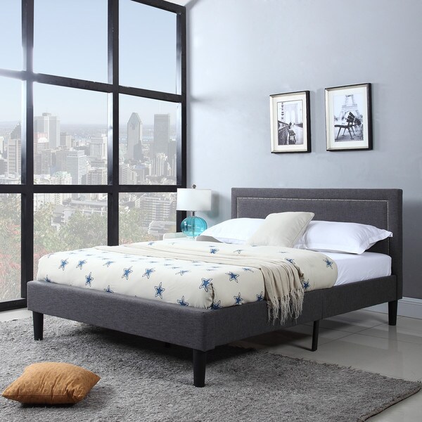 Deluxe Nailhead Trimmed Linen Fabric Platform Bed with Wooden Slats