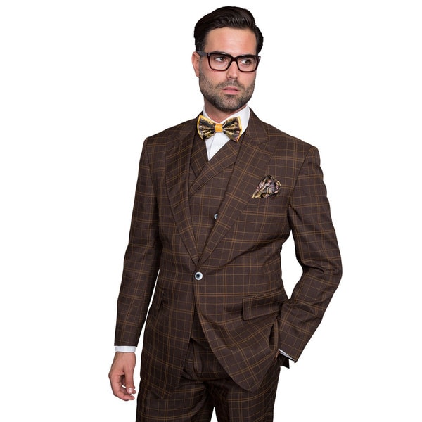 Shop Sorento Men's Brown Wool Plaid Statement Suit - Free Shipping ...