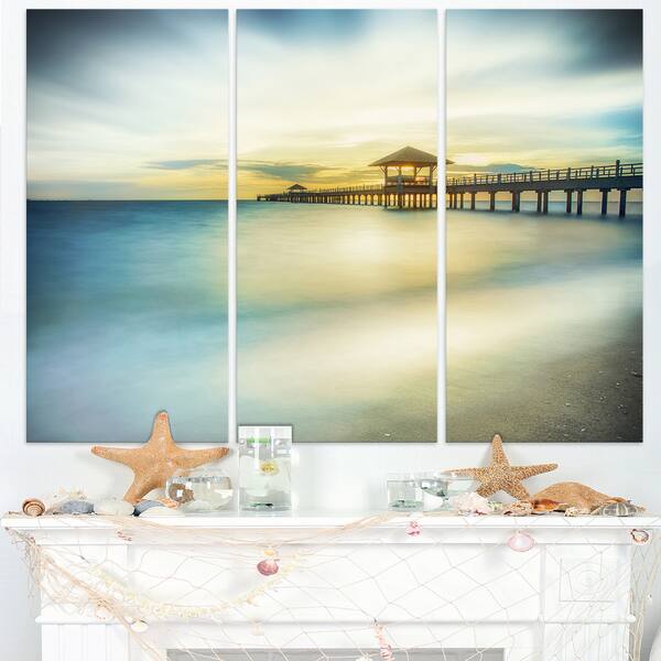 Blue Tinged Seashore with Distant Pier - Sea Pier Wall Art Canvas Print ...
