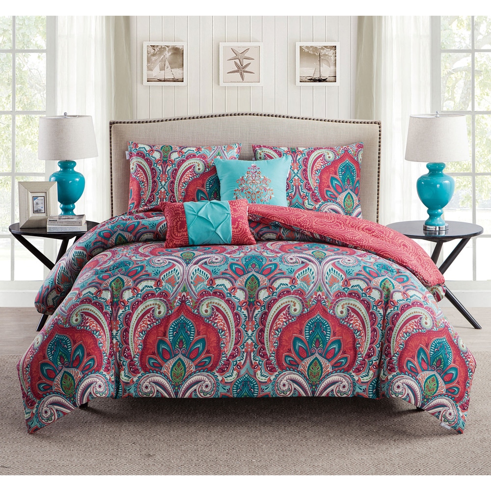 Paisley Geometric Striped Pink Teal Cotton Blend King Size Duvet Cover