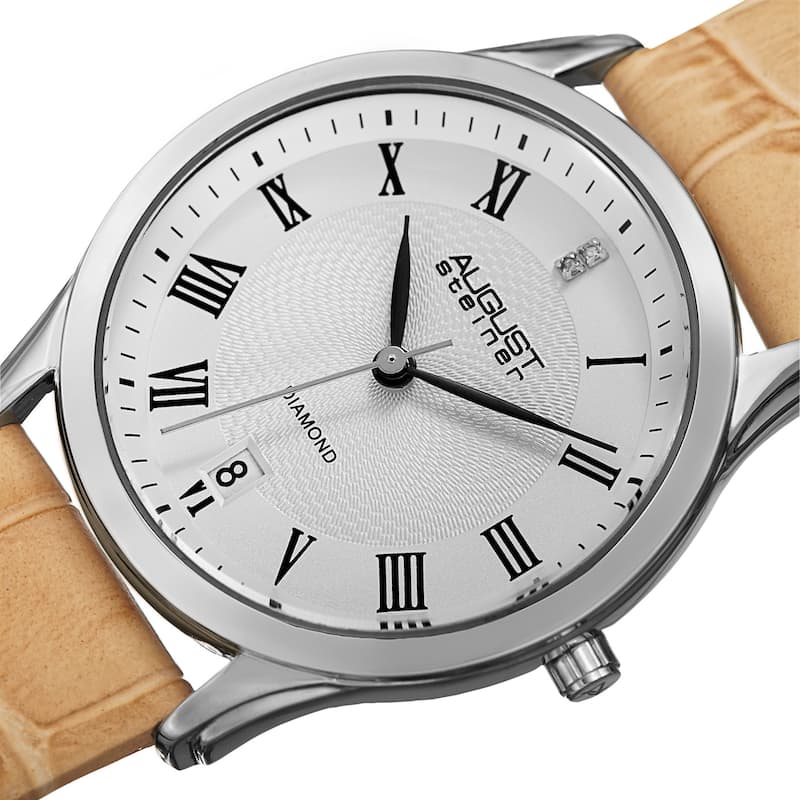 August Steiner Women's Quartz Diamond Easy-to-Read Leather Beige Strap Watch