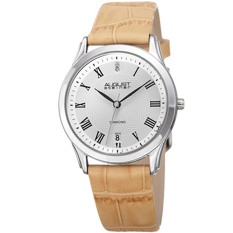 August Steiner Women's Quartz Diamond Easy-to-Read Leather Beige Strap Watch