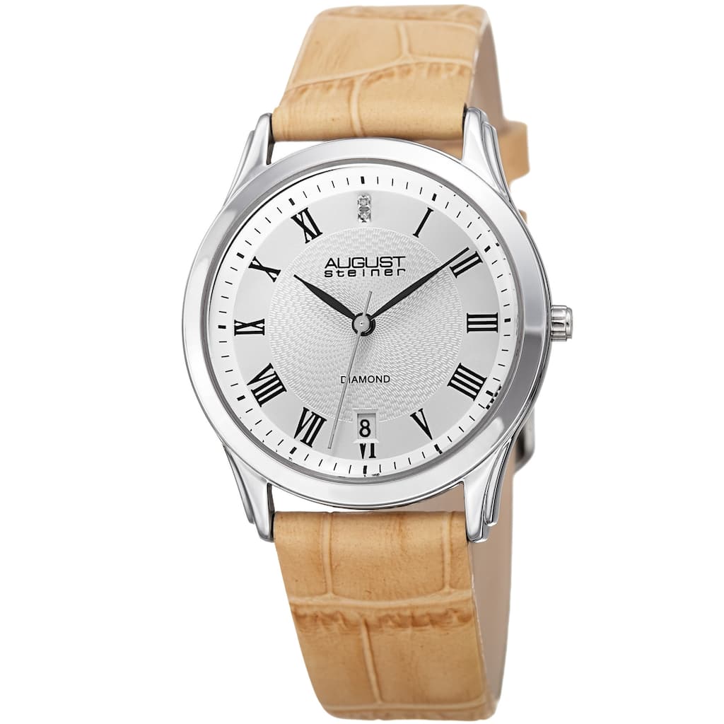 August Steiner Women's Quartz Diamond Easy-to-Read Leather Beige Strap Watch