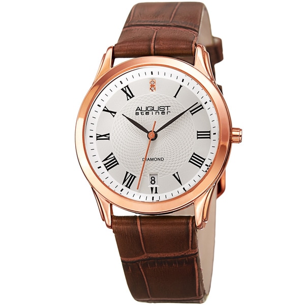August Steiner Women's Quartz Diamond Easy-to-Read Leather Brown Strap Watch