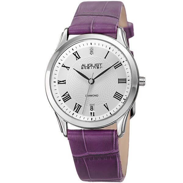 August Steiner Women's Quartz Diamond Easy-to-Read Leather Purple Strap Watch