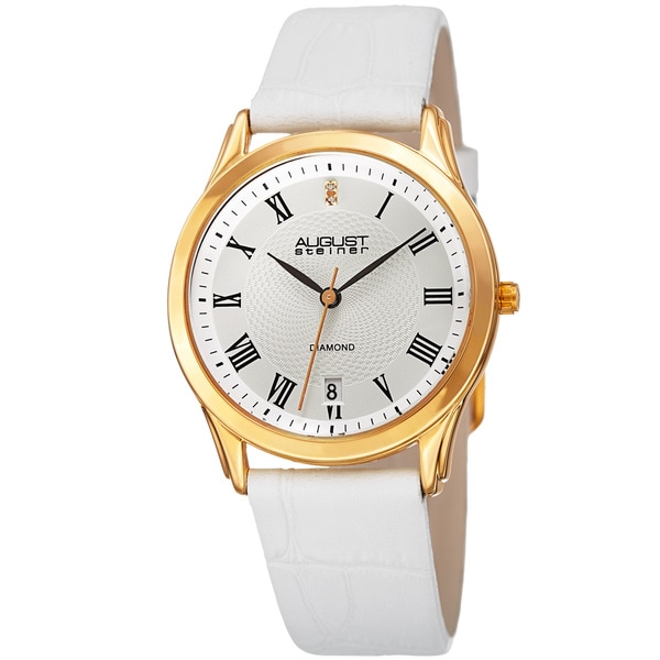 August Steiner Women's Quartz Diamond Easy-to-Read Leather White Strap Watch