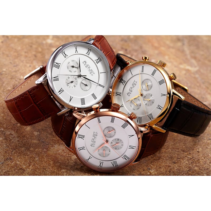 August Steiner Men's Swiss Quartz Multifunction Dual-Time Leather Brown Strap Watch