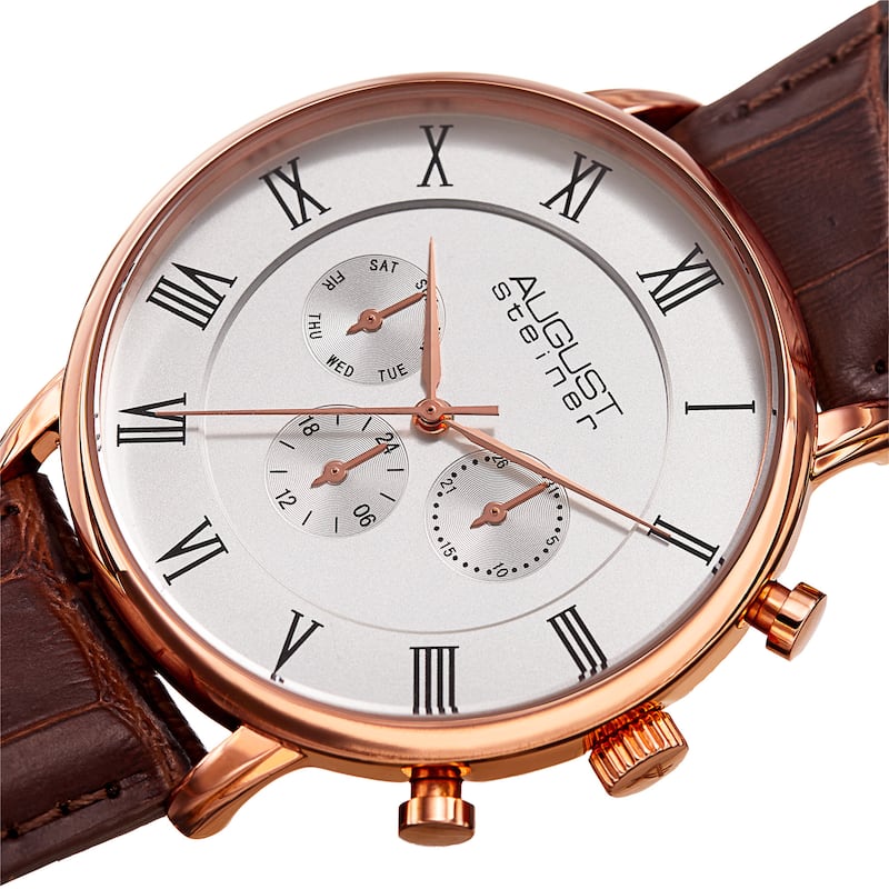August Steiner Men's Swiss Quartz Multifunction Dual-Time Leather Brown Strap Watch