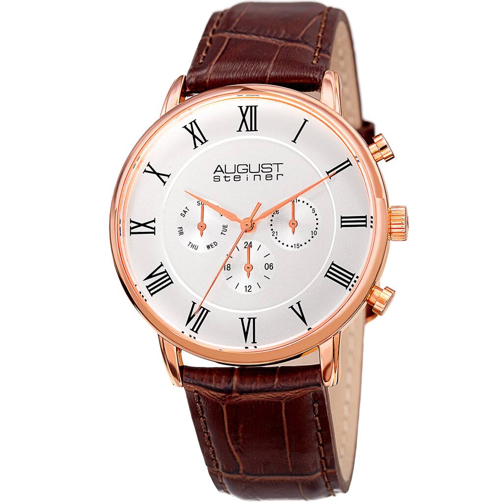 August Steiner Men's Swiss Quartz Multifunction Dual-Time Leather Brown Strap Watch