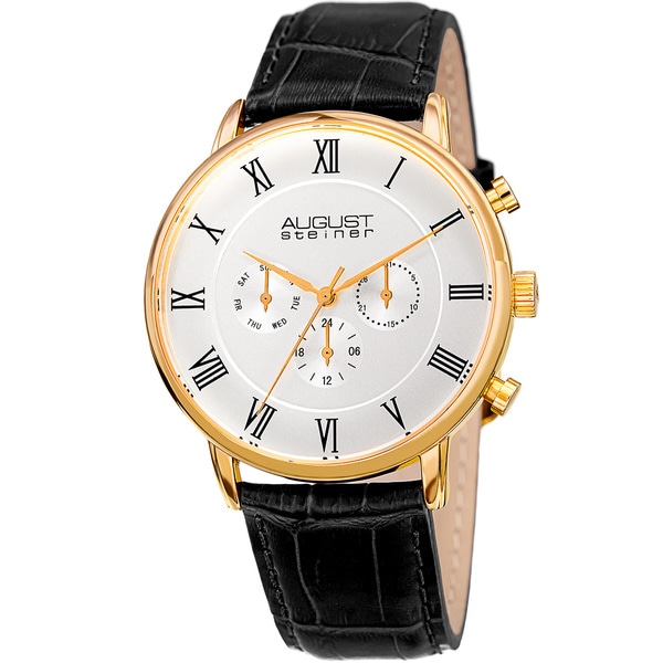August Steiner Men's Swiss Quartz Multifunction Dual-Time Leather Gold-Tone Strap Watch