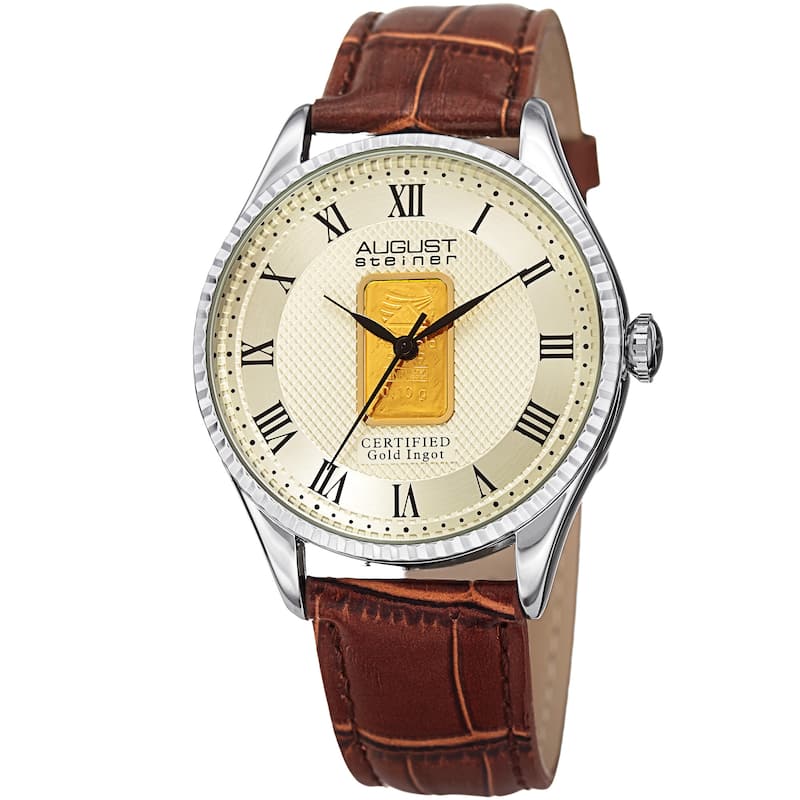 August Steiner Men's Quartz Luxury Gold Leather Silver-Tone Strap Watch