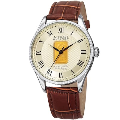 August Steiner Men's Quartz Luxury Gold Leather Silver-Tone Strap Watch