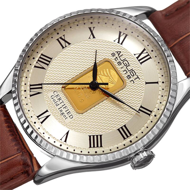 August Steiner Men's Quartz Luxury Gold Leather Silver-Tone Strap Watch