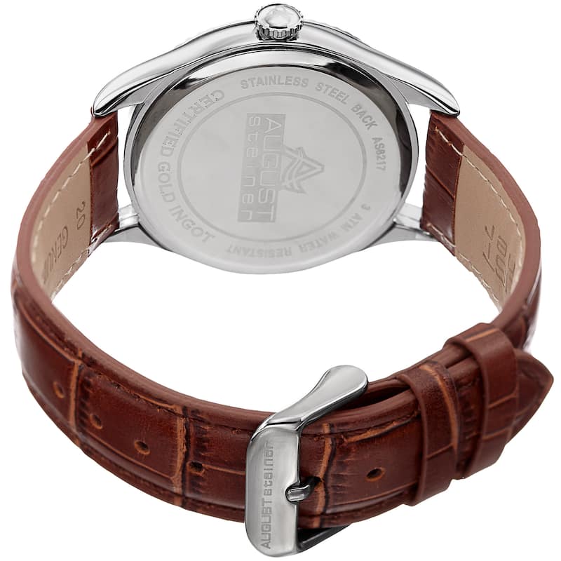 August Steiner Men's Quartz Luxury Gold Leather Silver-Tone Strap Watch