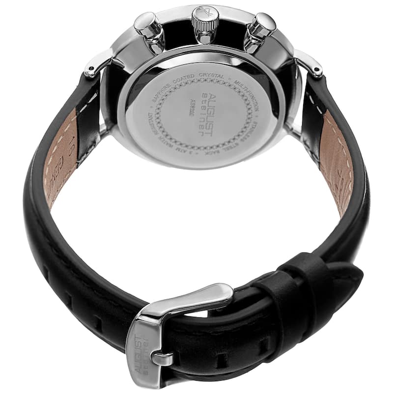 August Steiner Men's Swiss Quartz Multifunction Dual-Time Leather Black Strap Watch