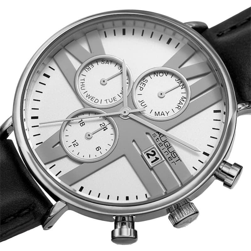 August Steiner Men's Swiss Quartz Multifunction Dual-Time Leather Black Strap Watch