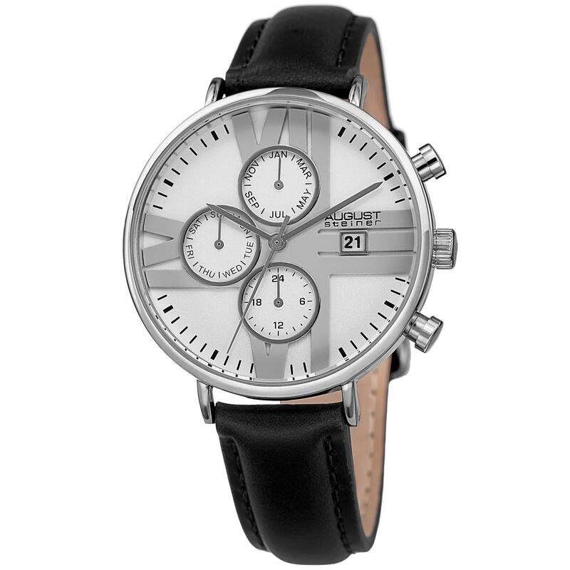 August Steiner Men's Swiss Quartz Multifunction Dual-Time Leather Black Strap Watch