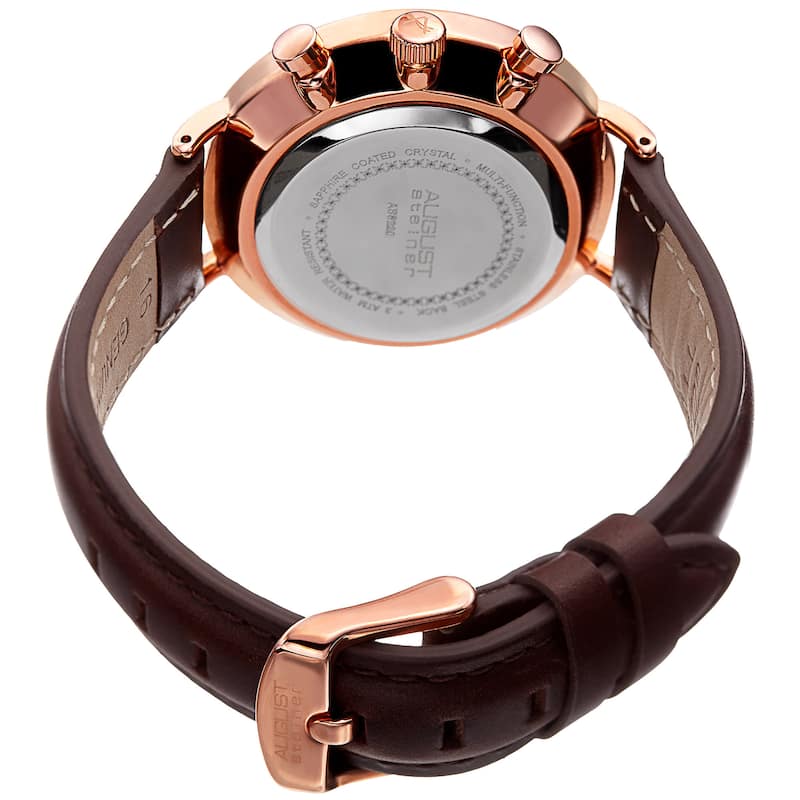 August Steiner Men's Swiss Quartz Multifunction Dual-Time Leather Rose-Tone Strap Watch