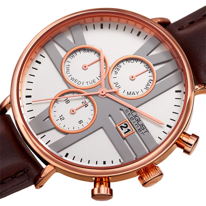 August Steiner Men's Swiss Quartz Multifunction Dual-Time Leather Rose-Tone Strap Watch