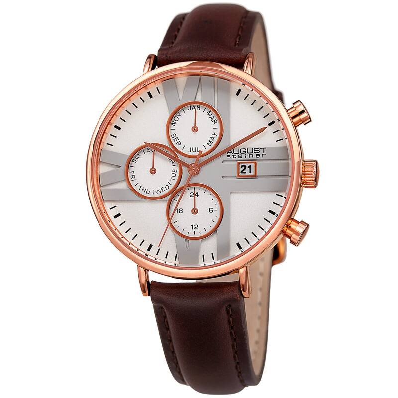 August Steiner Men's Swiss Quartz Multifunction Dual-Time Leather Rose-Tone Strap Watch